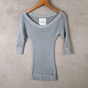 Hollister Sweater Dress Womens Medium Gray Crochet Knit Off Shoulder Cotton